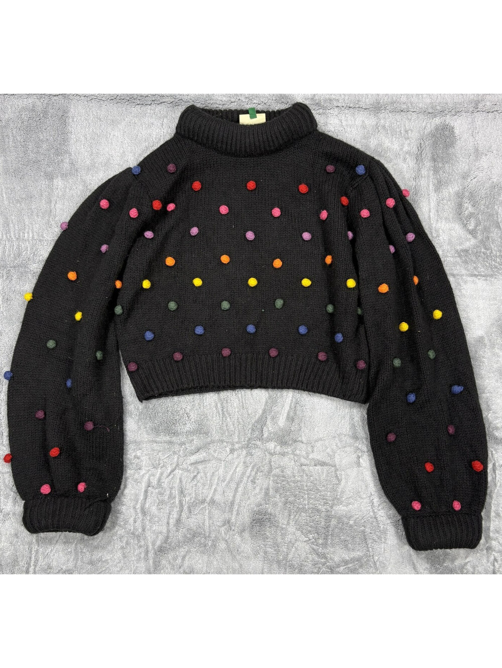 FARM Rio Womens Small Black Multicolor Pom Pom Turtleneck Cropped Sweater Knit